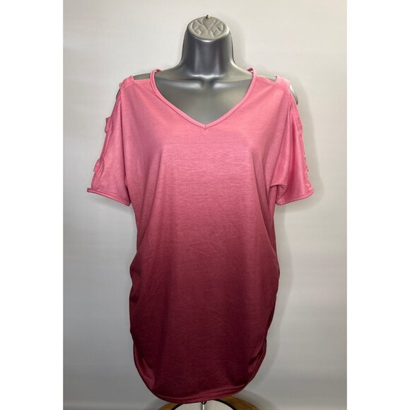 Tops - Womens V Neck Short Sleeve Cold Shoulder Cutouts Shirt Light Rose Burgundy, Wine